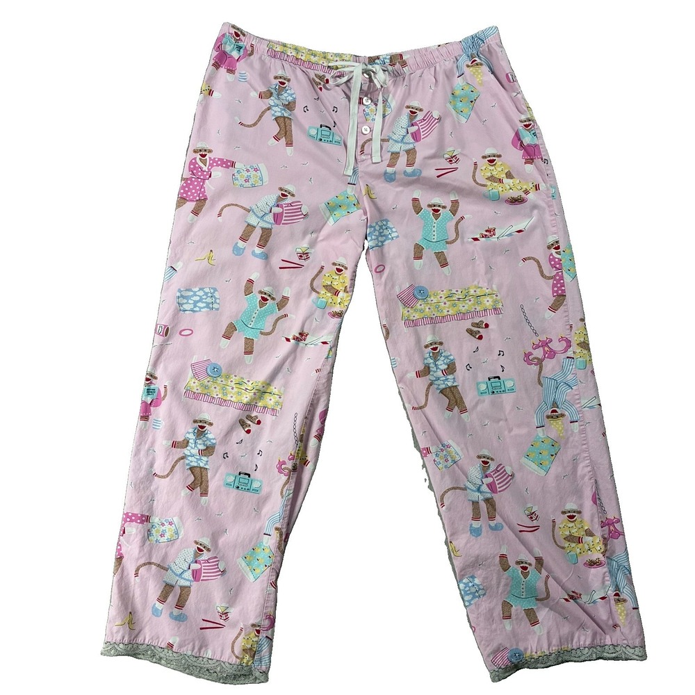 VTG Y2K Nick & Nora Cotton Pajama Pants Lace Sock Monkey Print Pink Women XL